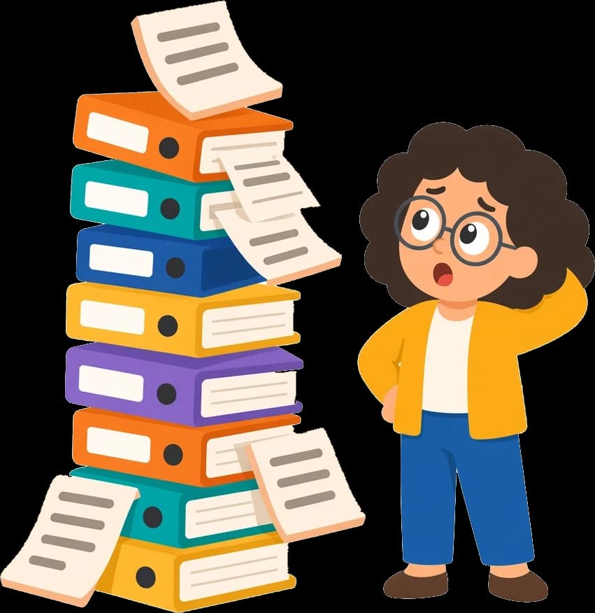 A therapist stares in surprise at a wobbly tower of binders and worksheets.