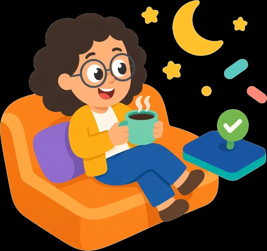 Illustration: Eine Therapeutin entspannt abends mit einer Tasse Tee auf dem Sofa, der Laptop ist zugeklappt.